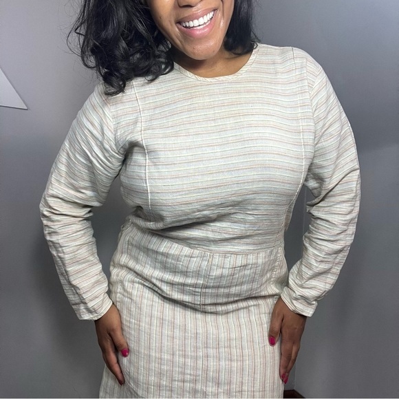 Vintage FLAX by Jeanne Englehart 70s cream striped linen long sleeve maxi dress - Picture 4 of 15